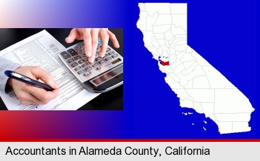 an accountant at work; Alameda County highlighted in red on a map