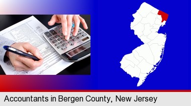 an accountant at work; Bergen County highlighted in red on a map