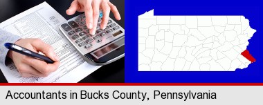 an accountant at work; Bucks County highlighted in red on a map