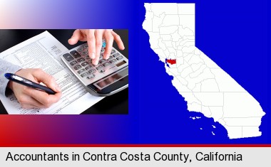 an accountant at work; Contra Costa County highlighted in red on a map