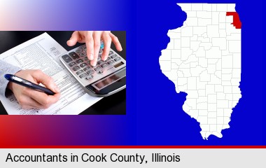 an accountant at work; Cook County highlighted in red on a map