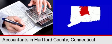 an accountant at work; Hartford County highlighted in red on a map
