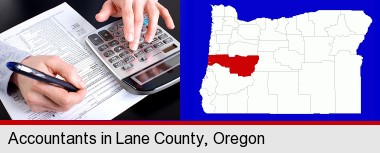 an accountant at work; Lane County highlighted in red on a map