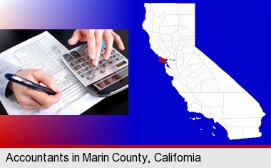 an accountant at work; Marin County highlighted in red on a map