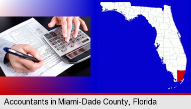an accountant at work; Miami-Dade County highlighted in red on a map