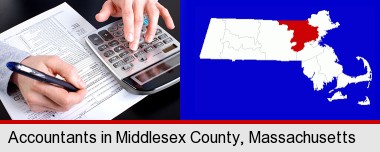 an accountant at work; Middlesex County highlighted in red on a map