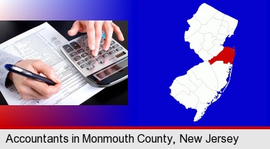 an accountant at work; Monmouth County highlighted in red on a map