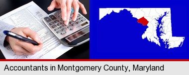 an accountant at work; Montgomery County highlighted in red on a map