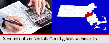 an accountant at work; Norfolk County highlighted in red on a map