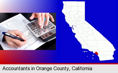 an accountant at work; Orange County highlighted in red on a map