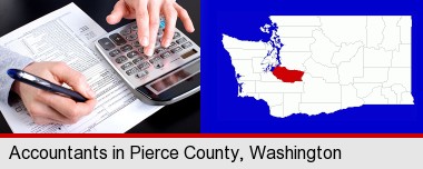 an accountant at work; Pierce County highlighted in red on a map