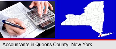an accountant at work; Queens County highlighted in red on a map