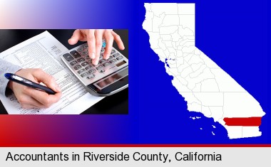 an accountant at work; Riverside County highlighted in red on a map