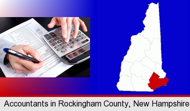 an accountant at work; Rockingham County highlighted in red on a map