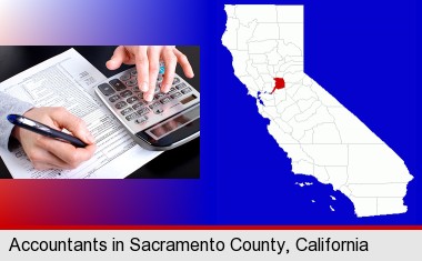 an accountant at work; Sacramento County highlighted in red on a map