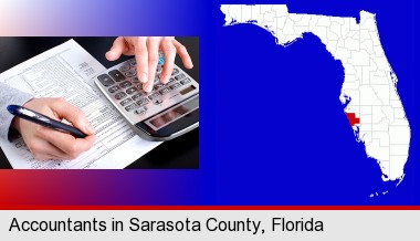 an accountant at work; Sarasota County highlighted in red on a map