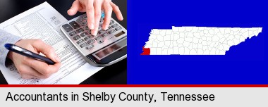 an accountant at work; Shelby County highlighted in red on a map