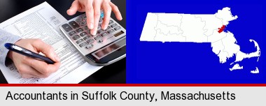an accountant at work; Suffolk County highlighted in red on a map