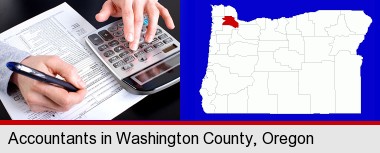 an accountant at work; Washington County highlighted in red on a map