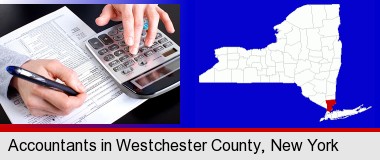 an accountant at work; Westchester County highlighted in red on a map