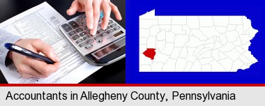 an accountant at work; Allegheny County highlighted in red on a map