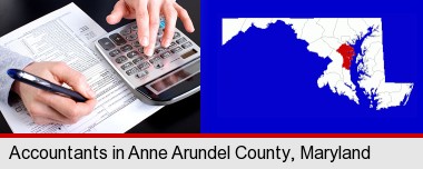 an accountant at work; Anne Arundel County highlighted in red on a map