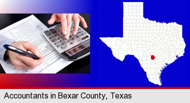 an accountant at work; Bexar County highlighted in red on a map