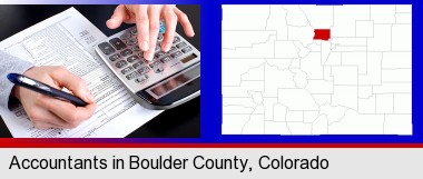 an accountant at work; Boulder County highlighted in red on a map