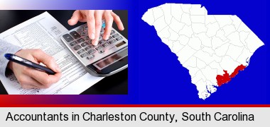 an accountant at work; Charleston County highlighted in red on a map