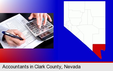 an accountant at work; Clark County highlighted in red on a map