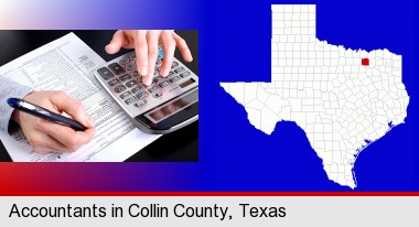 an accountant at work; Collin County highlighted in red on a map