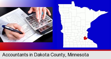 an accountant at work; Dakota County highlighted in red on a map