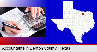 an accountant at work; Denton County highlighted in red on a map
