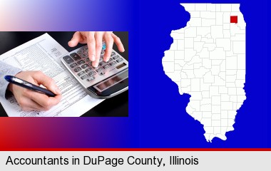 an accountant at work; DuPage County highlighted in red on a map