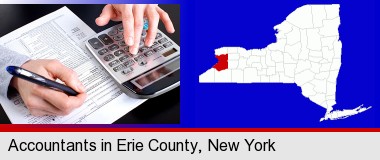 an accountant at work; Erie County highlighted in red on a map
