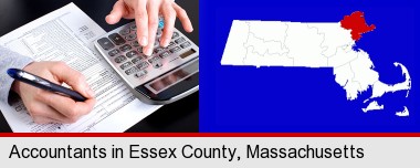 an accountant at work; Essex County highlighted in red on a map