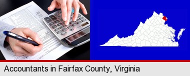 an accountant at work; Fairfax County highlighted in red on a map