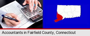 an accountant at work; Fairfield County highlighted in red on a map