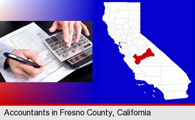 an accountant at work; Fresno County highlighted in red on a map