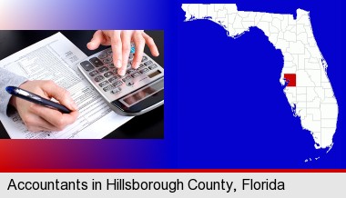 an accountant at work; Hillsborough County highlighted in red on a map