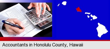 an accountant at work; Honolulu County highlighted in red on a map