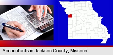 an accountant at work; Jackson County highlighted in red on a map