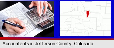 an accountant at work; Jefferson County highlighted in red on a map