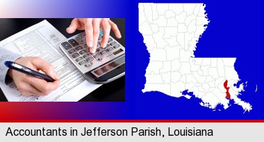 an accountant at work; Jefferson Parish highlighted in red on a map
