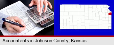 an accountant at work; Johnson County highlighted in red on a map