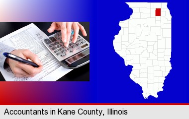 an accountant at work; Kane County highlighted in red on a map