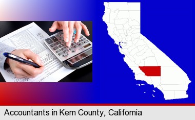 an accountant at work; Kern County highlighted in red on a map