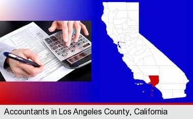 an accountant at work; Los Angeles County highlighted in red on a map