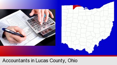 an accountant at work; Lucas County highlighted in red on a map
