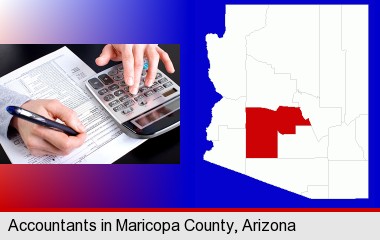 an accountant at work; Maricopa County highlighted in red on a map